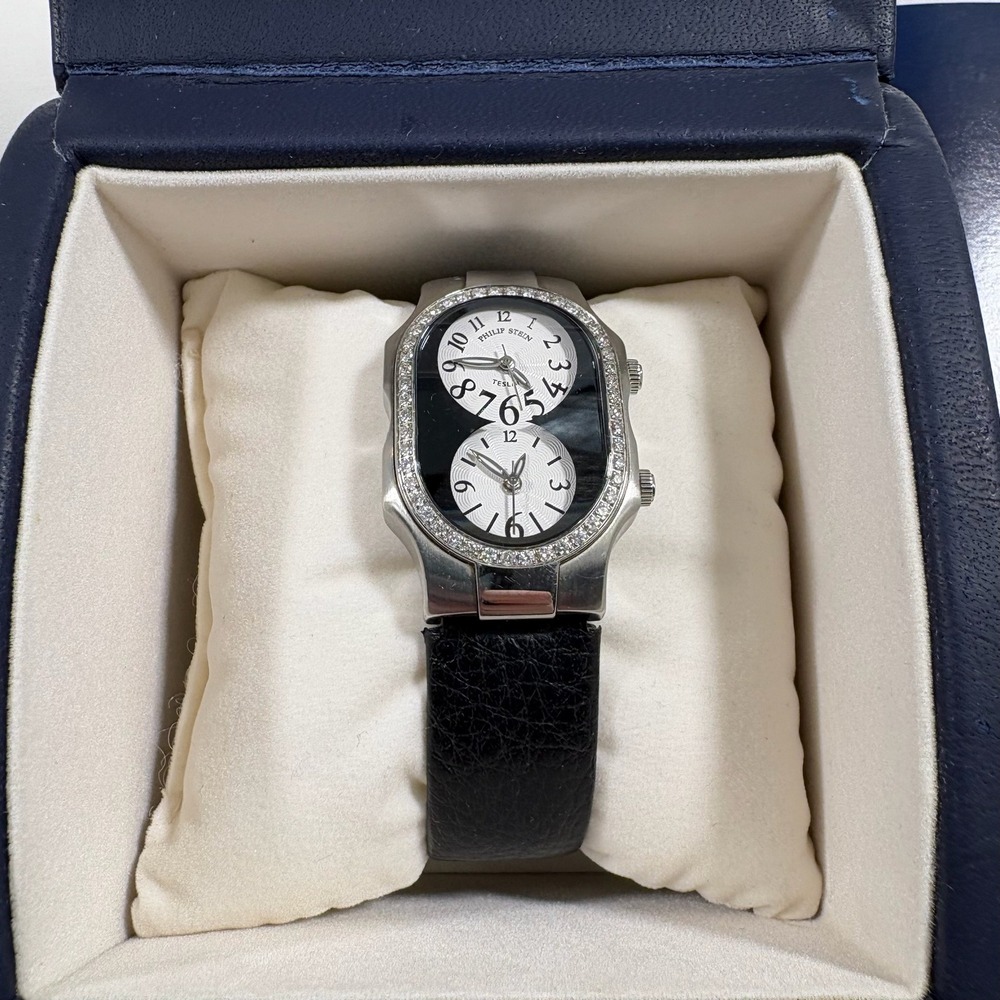 Auth Philip Stein Teslar Dual Diamond Watch Womens Black Pre-Owned Diamond Bezel